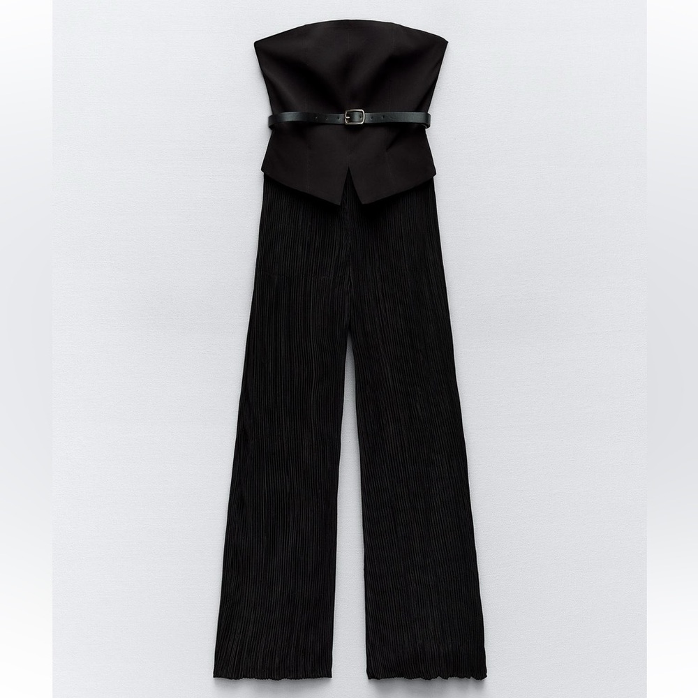 NWT Zara Belted Mixed Pleated Jumpsuit